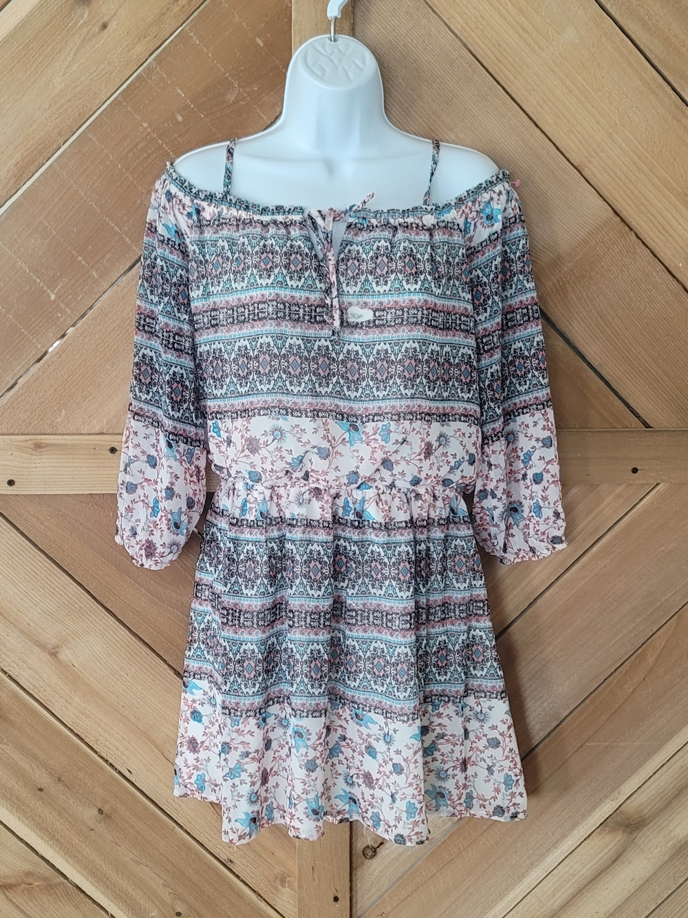 Boho Off-Shoulder Floral  Dress with Tie Neck